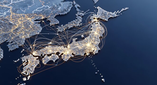 3D Map of Japan with Digital Connectivity Network and Glowing Lights