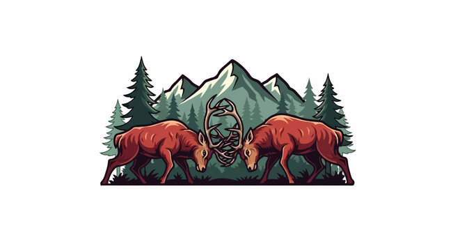 Two stags lock antlers in a forest with mountains behind