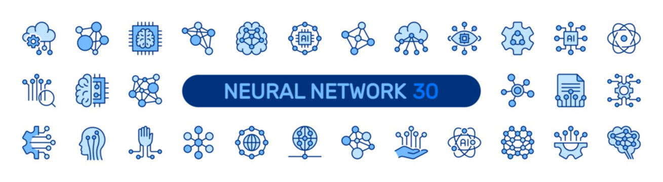 Neural Network solid icon set. Artificial Intelligence, AI Digital Technology, Data Science, Machine Learning concept. Blue vector icons collection.