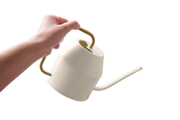 Woman hand holding modern white watering can. Household equipment for indoor plant care. Gardening tool for flowers and domestic vegetation. Isolated item on transparent background for design. © Андрей Журавлев