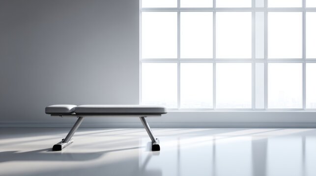 Adjustable weight bench in a bright modern room, large windows, minimalist professional setup