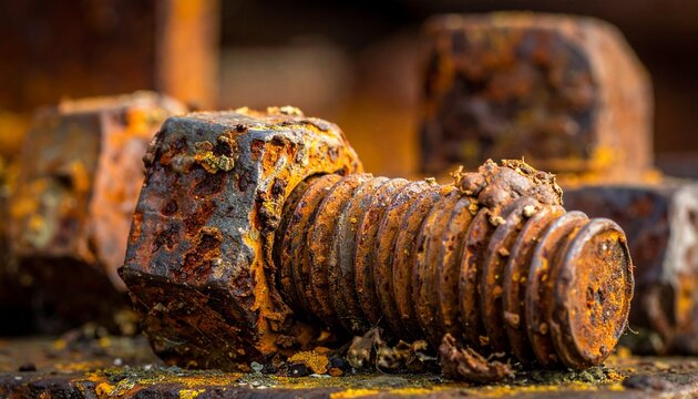 Rusting Bolt and Nuts Macro Detail Showing Weathered Industrial Construction Material.