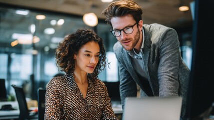 professionals wearing collaborate and talk at a modern office, showing teamwork, communication, and a positive work environment.