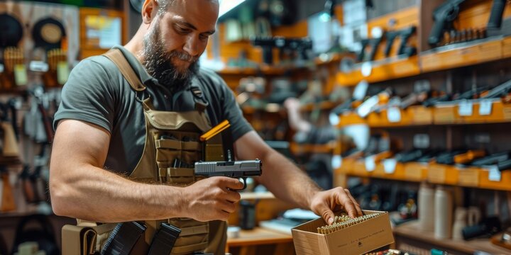 Gun shop owner checking pistol and ammunition in usa store