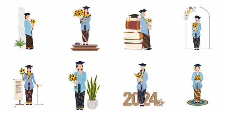 Set of flat illustrations featuring Indonesian female graduates in traditional kebaya and batik attire with sunflowers and academic symbols.