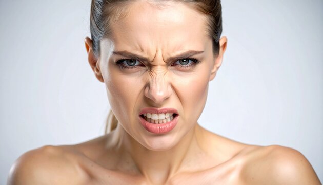 Intense emotion portrait of a young woman showing frustration stress and anger with a wrinkled forehead.