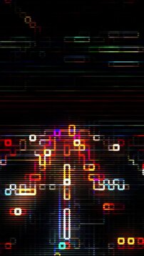 Vertical pov of airplane landing on runway with 8-bit pixelated retro video game effect in Milan, Italy