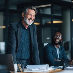 professionals wearing collaborate and talk at a modern office, showing teamwork, communication, and a positive work environment.