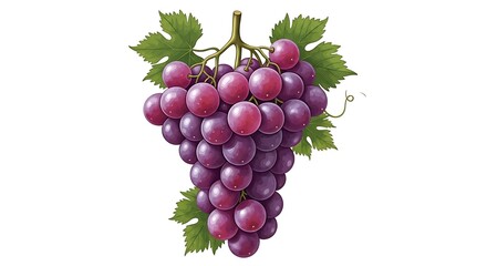 Fototapeta premium A bunch of purple grapes with green leaves on a white background