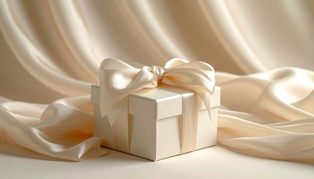 Elegant gift box with satin ribbon on draped silk fabric a present for birthday or anniversary celebration.