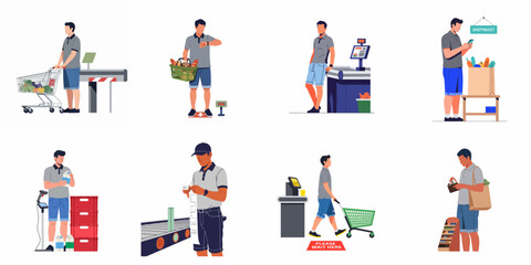 Fototapeta premium Set of flat vector illustrations depicting a male customer shopping at a grocery store, using a cart, waiting in line, and paying.