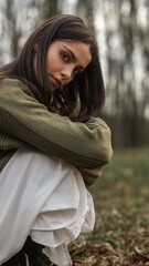 Obraz premium Young woman with dark hair wearing a green sweater and white dress in a forest setting