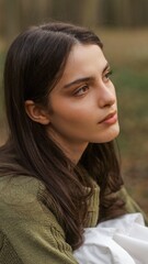 Fototapeta premium Young woman with dark hair looking thoughtfully into the distance outdoors