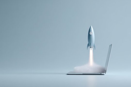 3D render of a rocket taking off from a laptop, startup success and launch concept