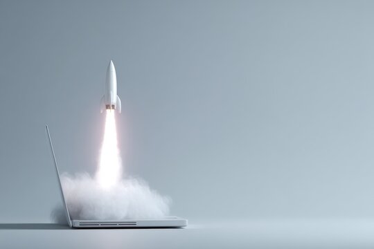 3D render of a rocket taking off from a laptop, startup success and launch concept