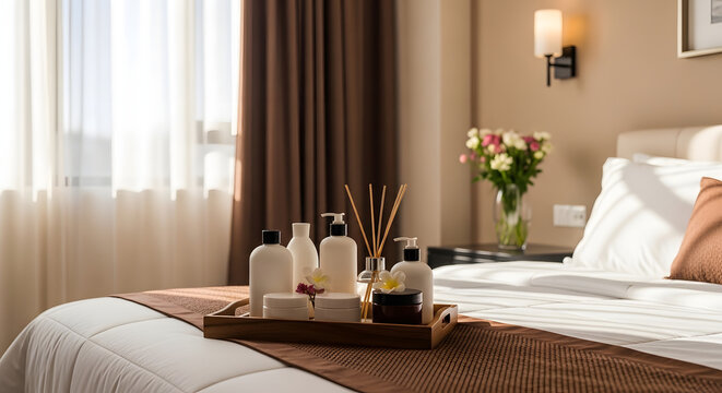 A serene hotel room with a tray of luxurious spa products on the bed