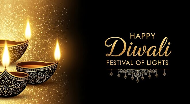 Happy diwali festival of lights with illuminated clay diyas on sparkling gold and black background