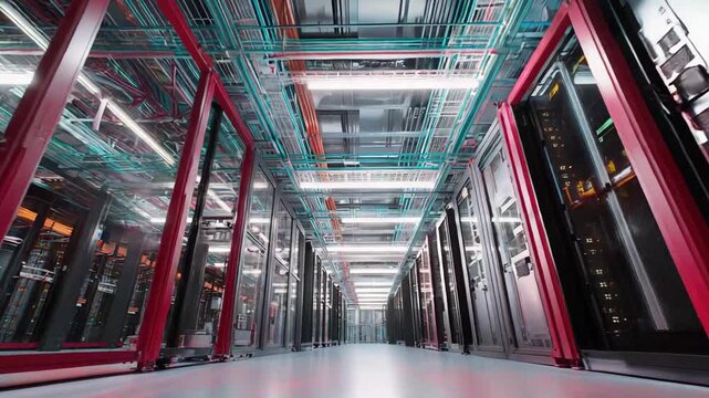 Data center corridor featuring rows of server racks, complex network cabling running along the ceiling, and powerful computing infrastructure for cloud storage and information processing