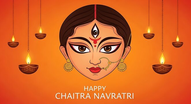 Happy chaitra navratri festival with goddess durga face illustration and diyas