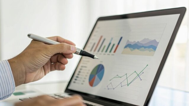 A person is pointing at a laptop screen displaying various colorful charts and graphs representing data analysis and business metrics.