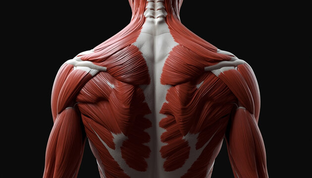 A detailed illustration of the human back muscles and skeletal structure