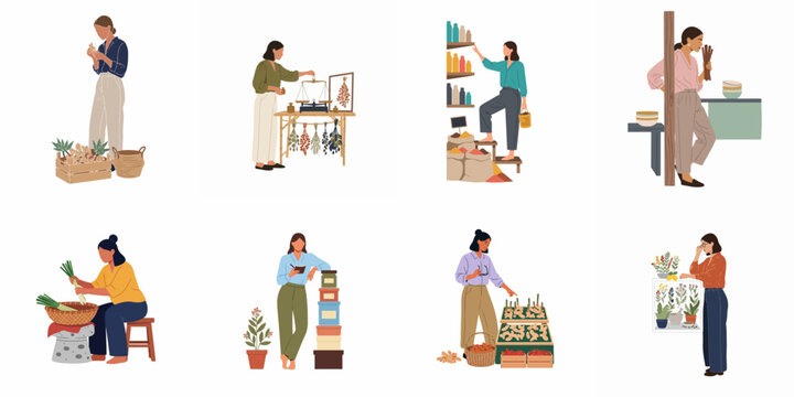 Collection of flat vector illustrations depicting diverse women working in herbal shops, organic markets, and artisan studios with botanical products.