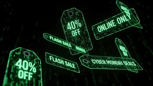Cyber Monday Digital Sale Tags with Matrix Code Background for Tech Deals