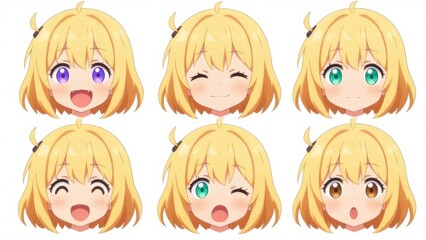 Fototapeta premium Cute anime girl expression sheet with 6 cheerful headshots on white background, vibrant sticker pack layout with playful kawaii emotions