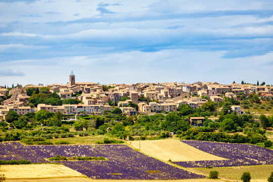 Hilltop Puimoisson village, France. Provence landscape with lavender fields. Plateau Valensole, Alpes de Haute Provence.