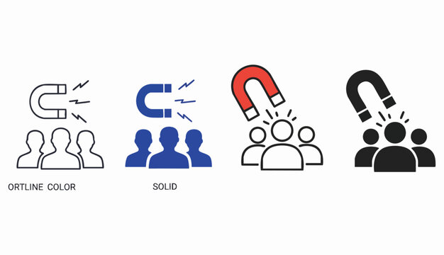People icon with magnet for recruitment, attraction, investment. Editable vector stroke icon, outline and solid.
