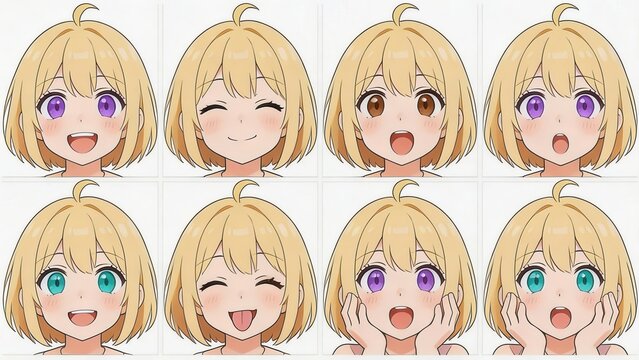 Cute anime girl expression sheet with 8 cheerful headshots on white background, vibrant sticker pack layout with playful kawaii emotions

