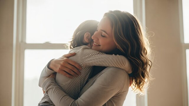Gentle Foster Mother Hugging Young Child with Sensory Processing Disorder in Sunlit Room