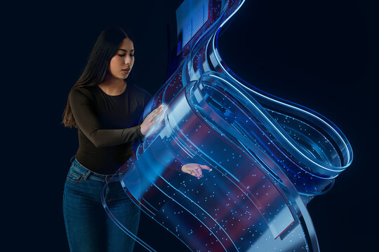 3D data stream touch scene with woman and glowing ribbon