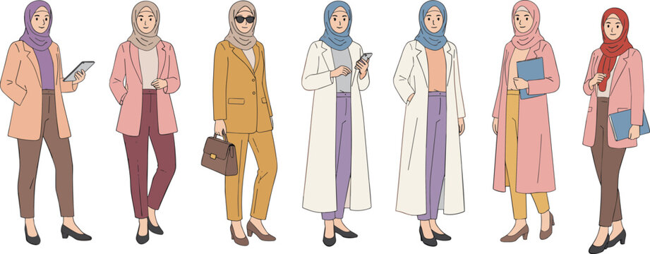 Diverse professional women wearing hijabs in modern business attire with tablets and folders flat vector character set