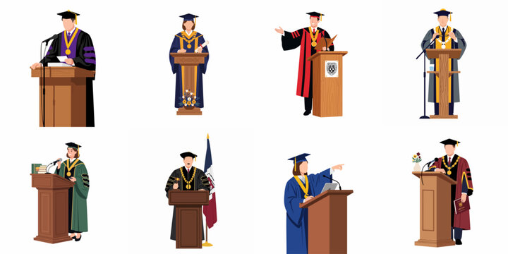Set of university faculty members and students in graduation gowns delivering speeches at lecterns, minimalist flat design vector illustrations.