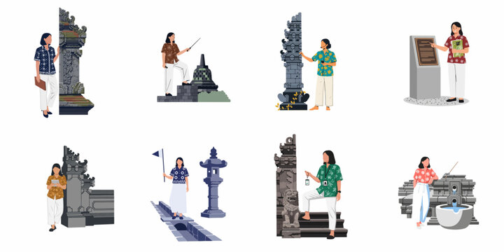 Flat vector illustrations of an Indonesian female tour guide showcasing various historical and cultural heritage sites in Bali and Java.