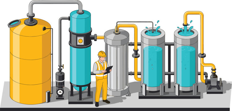 Industrial water treatment system with filtration tanks pipelines and engineer monitoring purification process engineering plant flat vector illustration environmental infrastructure