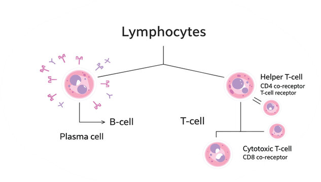 Lymphocytes Immune System Diagram Showing B Cell Plasma Cell and T Cell Types Including Helper T Cell and Cytotoxic T Cell Biology Infographic