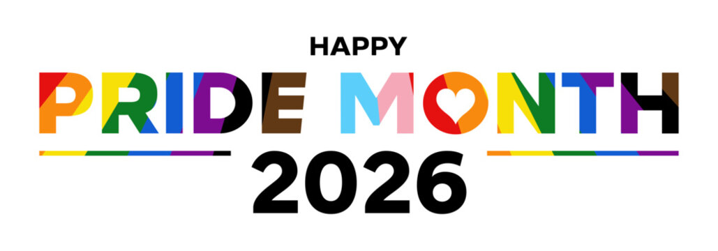 Happy Pride Month 2026 text isolated, LGBTQIA flag logo
