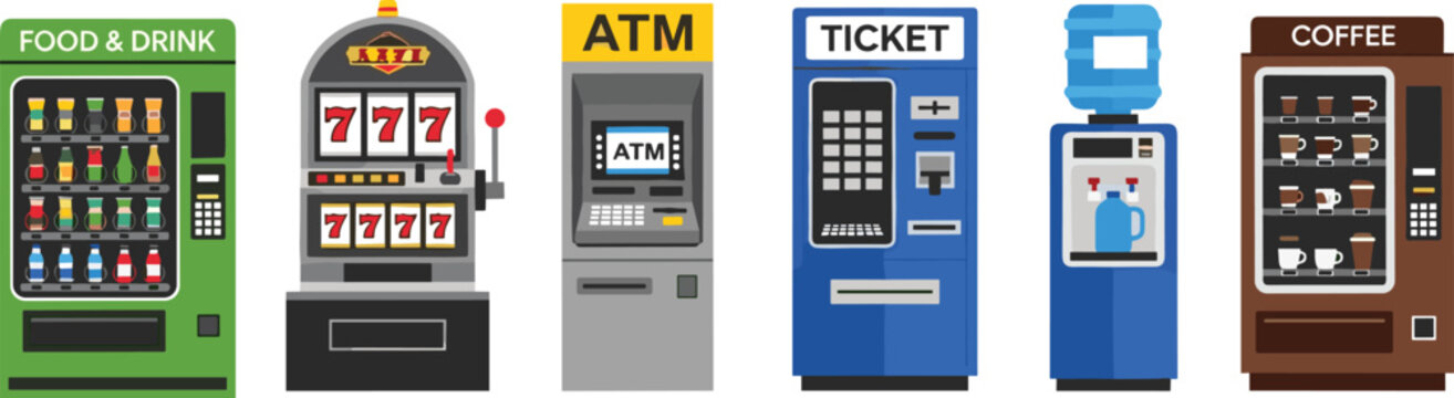 Vending machines set including food drink slot ATM ticket water dispenser coffee machine automatic service kiosks flat vector illustration