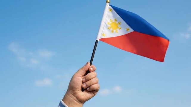 Hand Holding Small National Flag of the Philippines Against Blue Sky Background