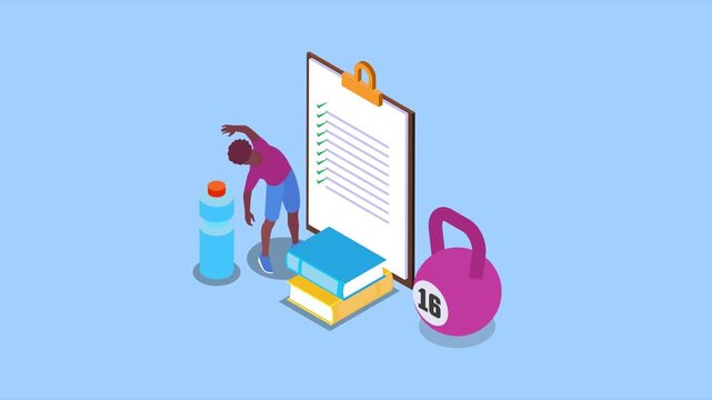 Fitness Planning Concept with Man Stretching, Kettlebell, Water Bottle, and Checklist 3d animation cartoon