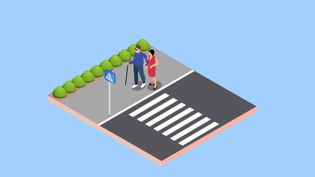 Accessibility and Assistance for Blind Man Crossing the Street 3d animation cartoon