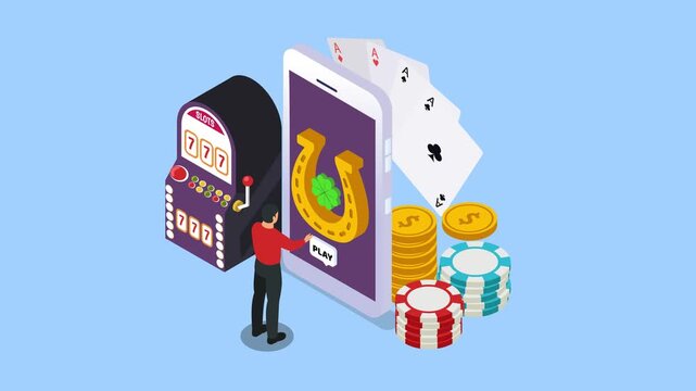 Mobile Online Gambling with Smartphone, Slot Machine, Poker Cards, and Lucky Horseshoe 3d animation cartoon