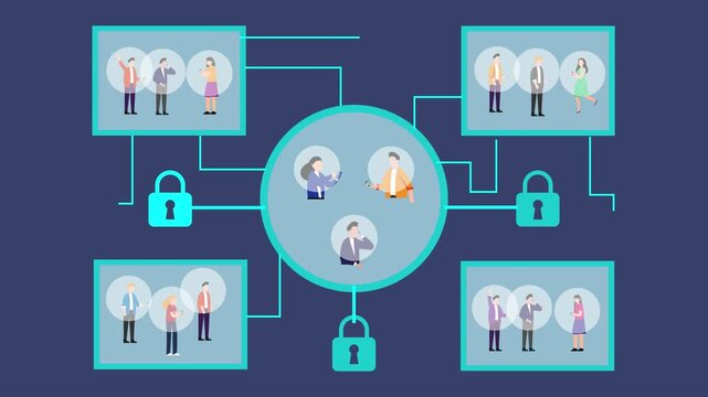Secure Digital Networking Concept with People in Protected Communication Bubbles and Data Encryption Locks cartoon animation