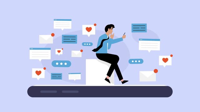 Man Overwhelmed by Social Media Notifications and Digital Communication cartoon animation