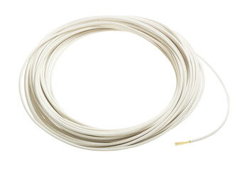 Fototapeta premium Coiled white electrical cable with exposed wire ends, neatly arranged loop, isolated on transparent background, flexible cord for wiring, installation and connection purpose