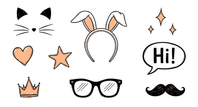Cute Doodle Elements: Cat Ears, Bunny Ears, Crown, Glasses, Mustache, Heart, Star, Hi Speech Bubble