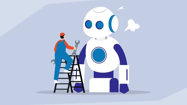 Technician Repairing Large Artificial Intelligence Robot with Wrench cartoon animation