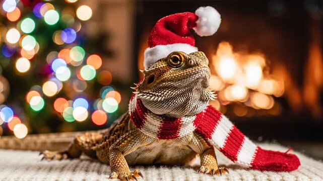 Bearded dragon wearing festive Santa outfit near a Christmas tree